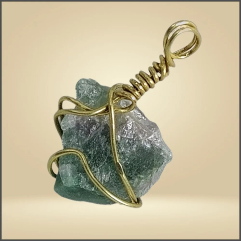 Raw Green Fluorite Gemstone Hand Wired Wrapped Pendant NWOT